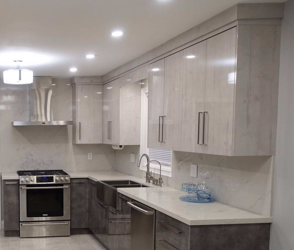 Glossy marble ceramic cabinets with matching countertop and tiled wall